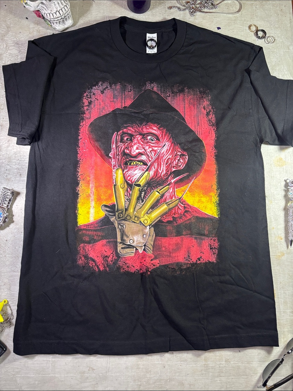 Black Freddy Krueger Graphic Tee with Red & Yellow Horror Print